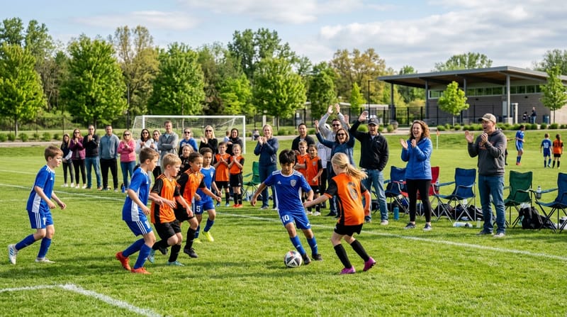 Forældre jubler langs sidelinjen, mens børnene spiller fodbold